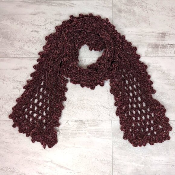 3/$20 Chenille Open Knit Winter Scarf Long Rectangular Purple Flecked Stretchy - Picture 2 of 10